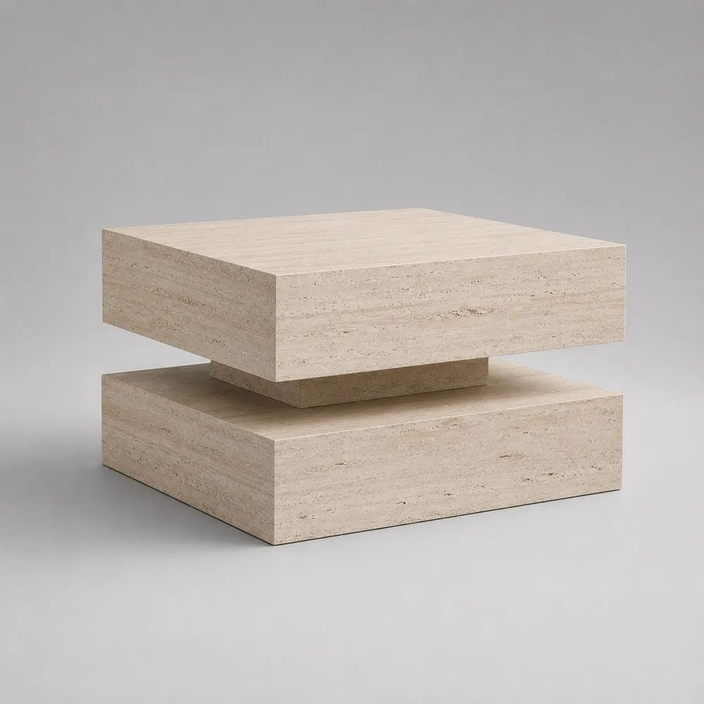 Table basse carrée en MDF plaqué travertin beige, 90 × 90 × 45 cm