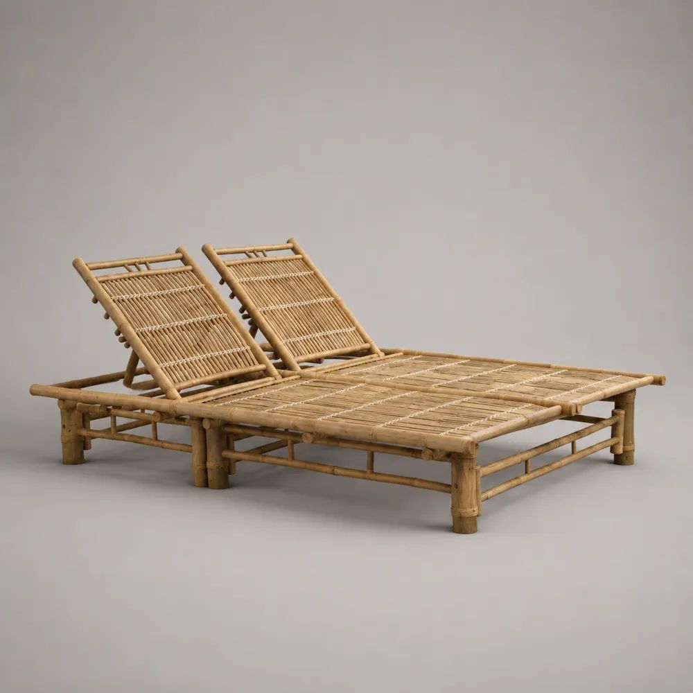 Bain de soleil double en bambou naturel avec 2 dossiers réglables, 200 × 160 × 90 cm