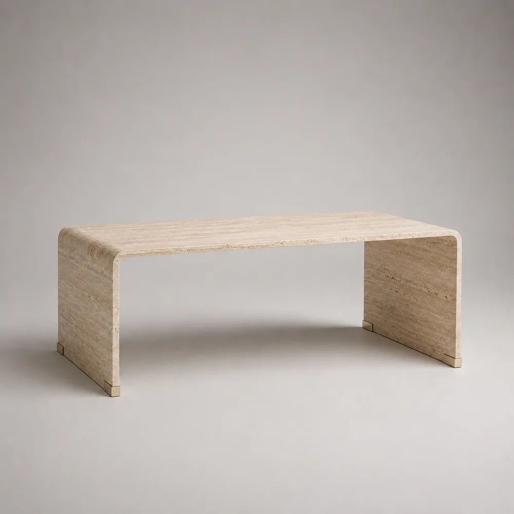 Table basse rectangulaire en travertin beige crème avec angles arrondis, 120 x 60 x 42 cm