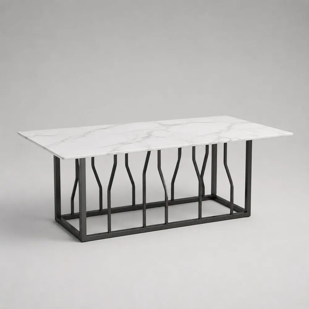Table basse rectangulaire en MDF effet marbre blanc et métal noir, 100 x 50 x 45 cm