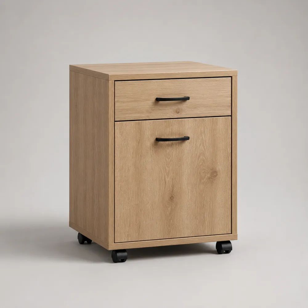 Caisson de bureau mobile rectangulaire à 2 tiroirs en panneaux de particules mélaminés, chêne clair et noir, 40 × 45 × 65 cm