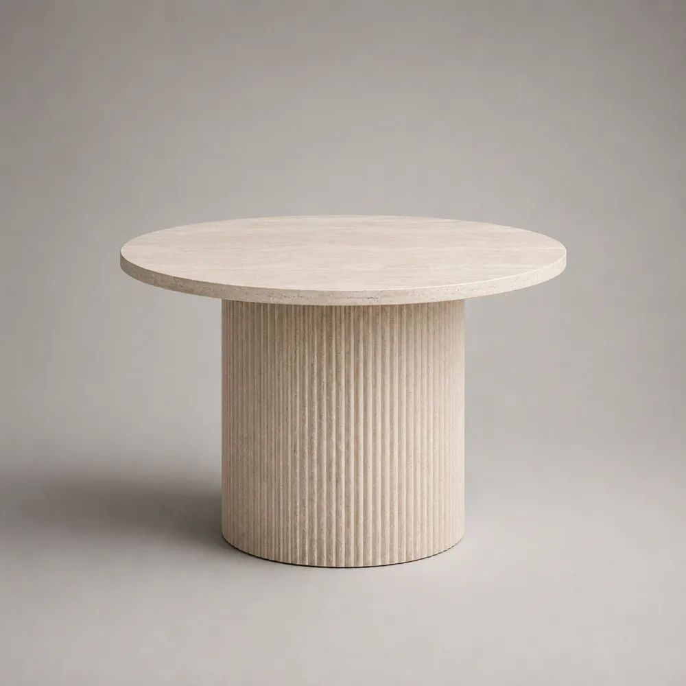 Table basse ronde en travertin beige avec piètement cylindrique rainuré, Ø 80 x H 45 cm