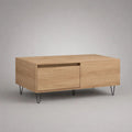 Table basse rectangulaire avec tiroir et rangement en panneaux mélaminés décor chêne naturel et acier noir, 100 × 50 × 45 cm