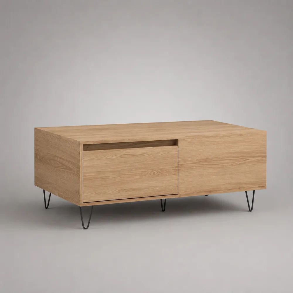 Table basse rectangulaire avec tiroir et rangement en panneaux mélaminés décor chêne naturel et acier noir, 100 × 50 × 45 cm