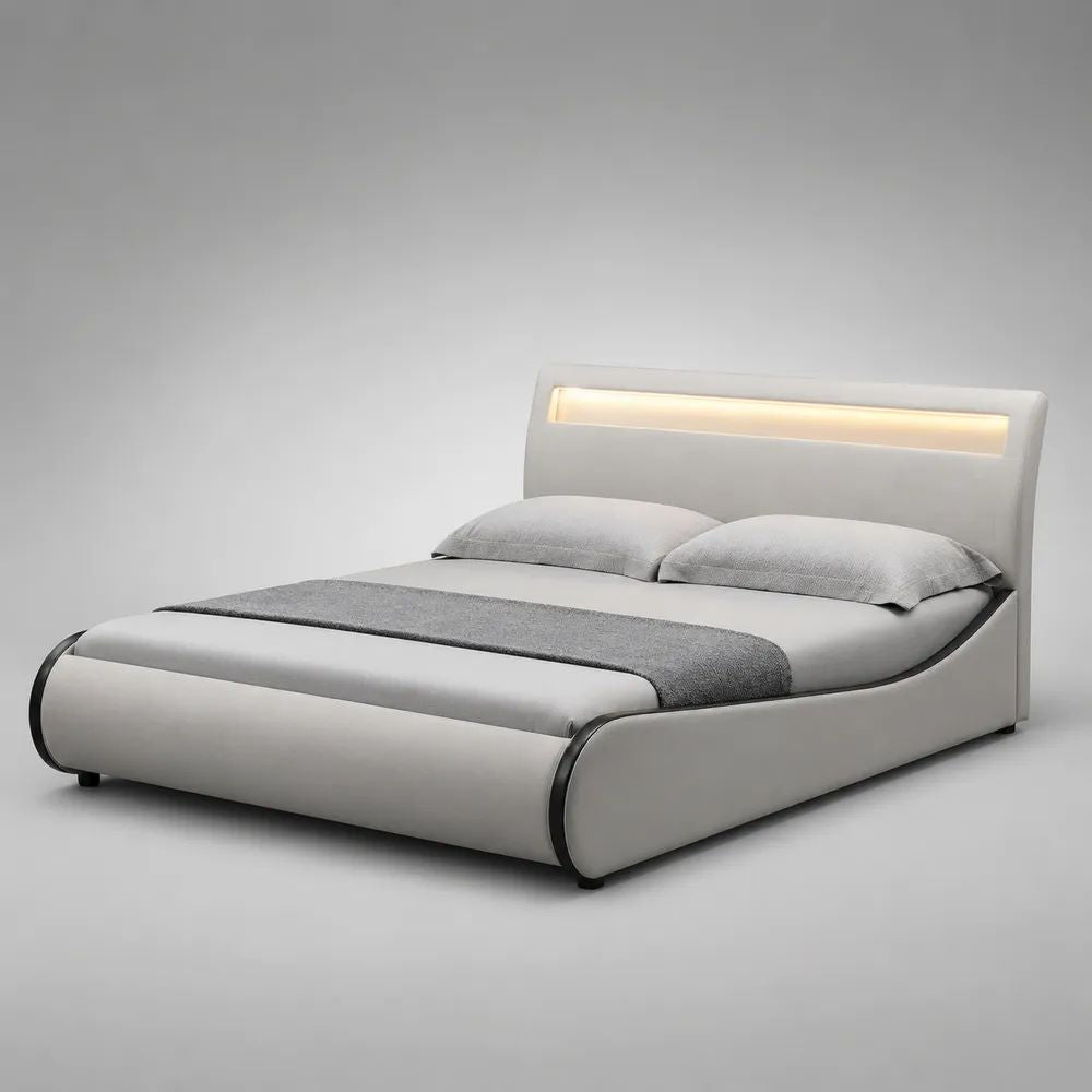 Lit double rembourré en similicuir blanc et noir avec éclairage LED et sommier à lattes, couchage 160 × 200 cm, dimensions 224 × 175 × 105 cm