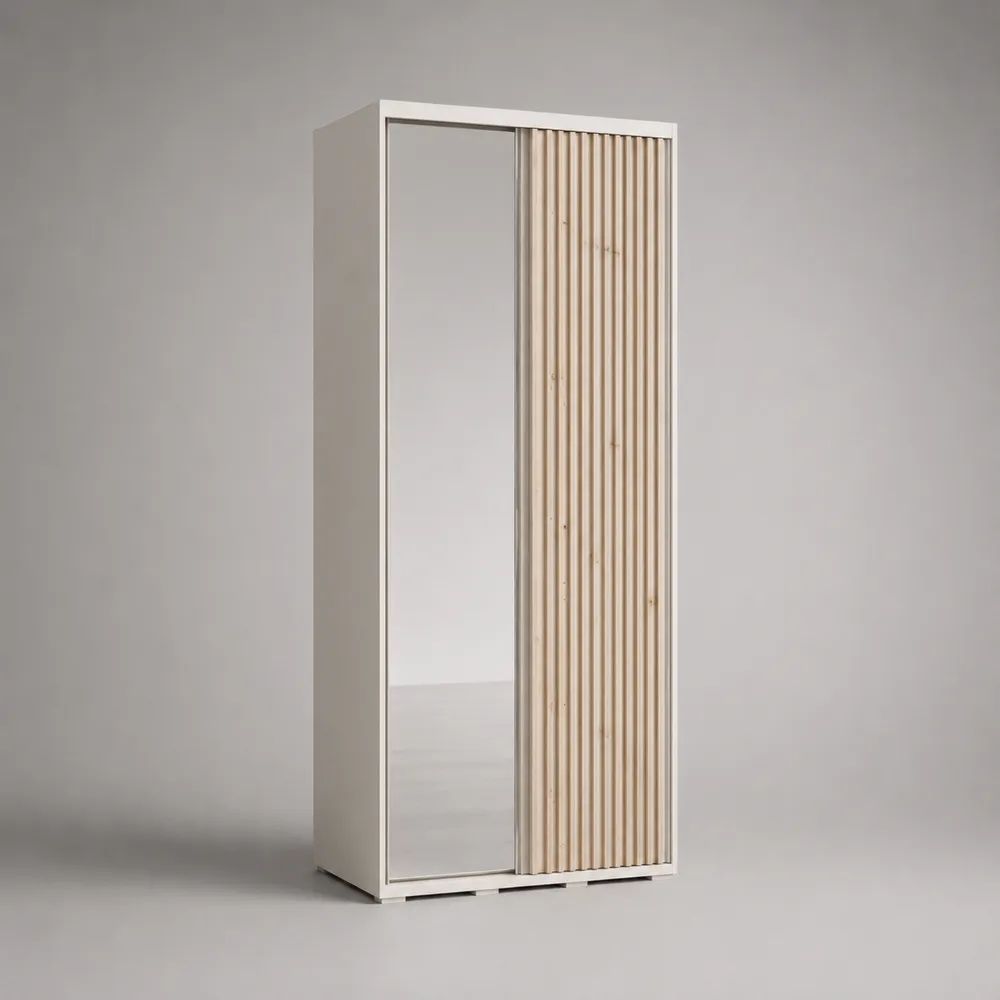 Armoire-penderie rectangulaire à 2 portes coulissantes avec miroir, panneaux de particules mélaminés et pin massif, blanc, bois naturel et argenté, 90 × 50 × 200 cm
