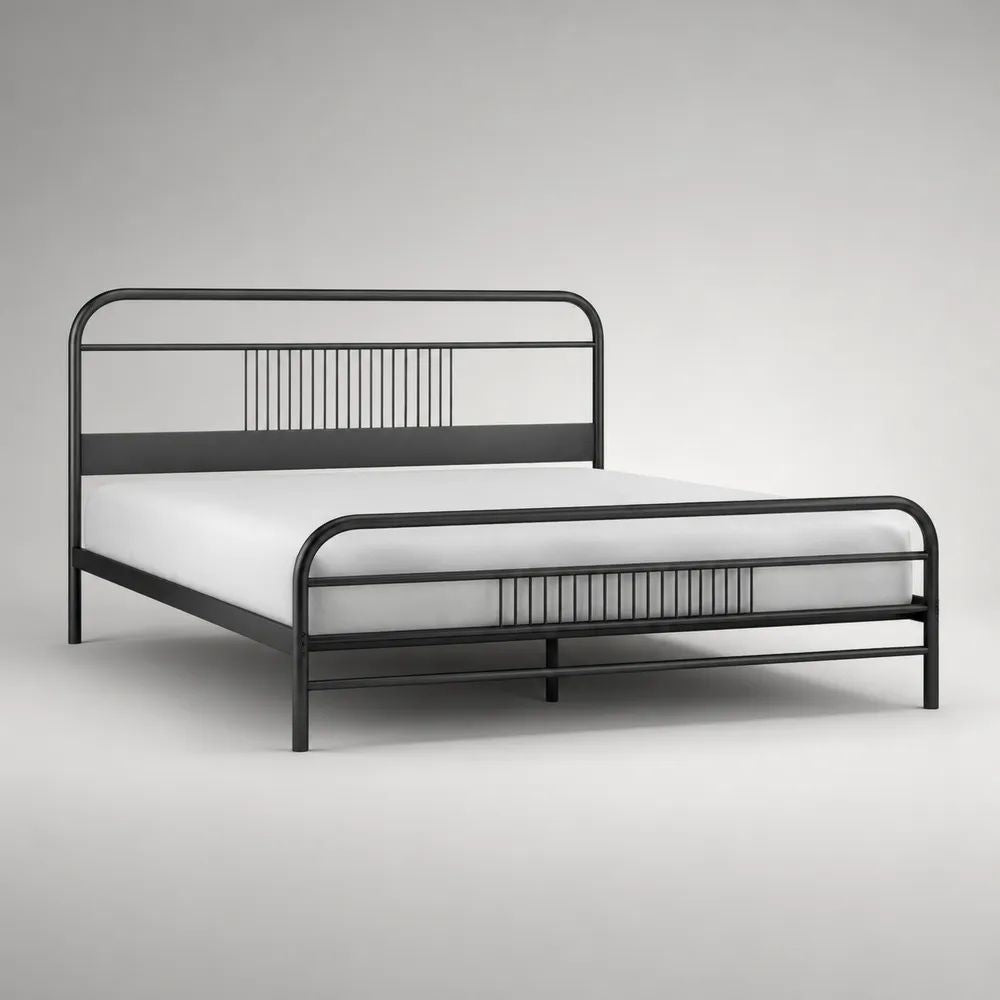 Lit double 160 x 200 cm en acier noir avec tête et pied de lit, dimensions 208 x 166 x 105 cm