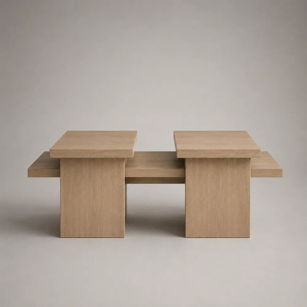 Table basse rectangulaire en MDF plaqué chêne naturel à trois plateaux, 120 × 60 × 45 cm