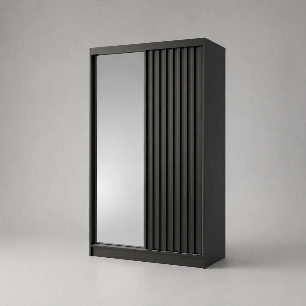 Armoire en panneaux de particules et MDF noir mat avec 2 portes coulissantes et miroir, 120 × 60 × 200 cm