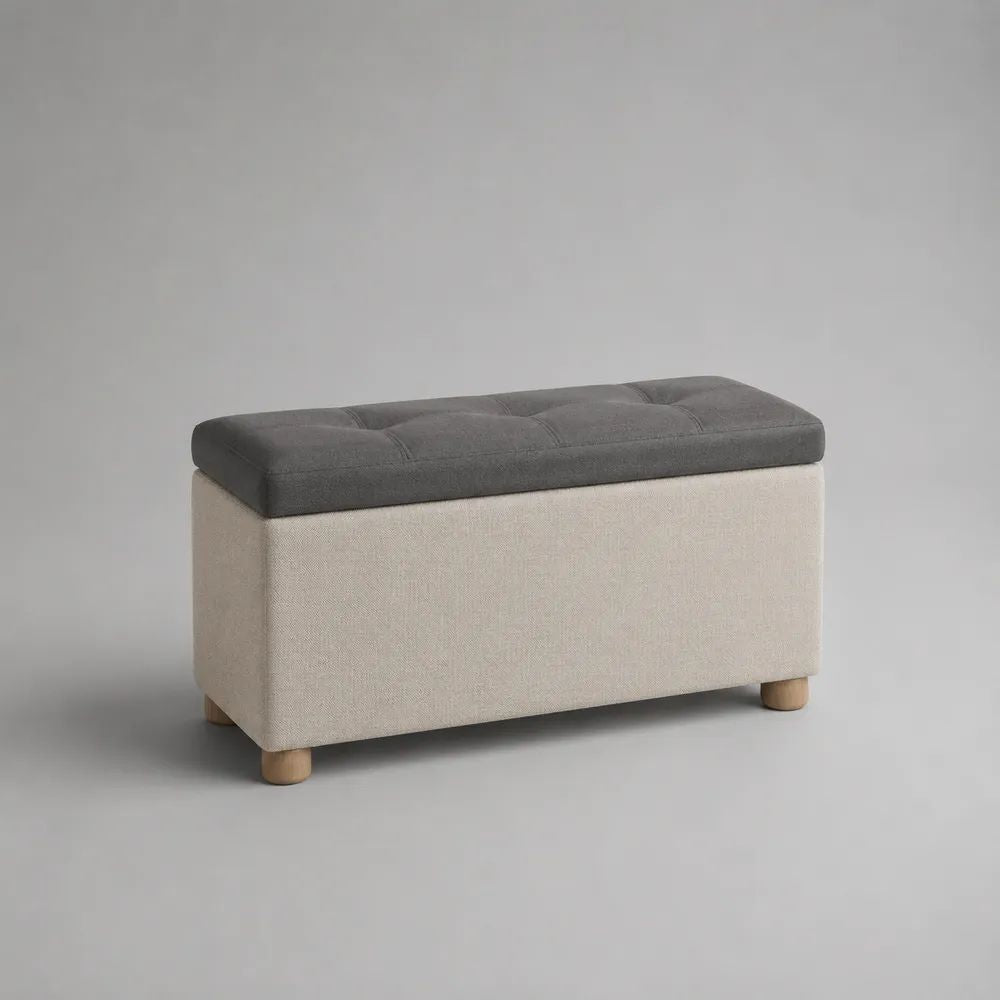 Banquette coffre de rangement rembourrée en polyester et MDF, gris anthracite, beige et bois naturel, 80 × 40 × 45 cm