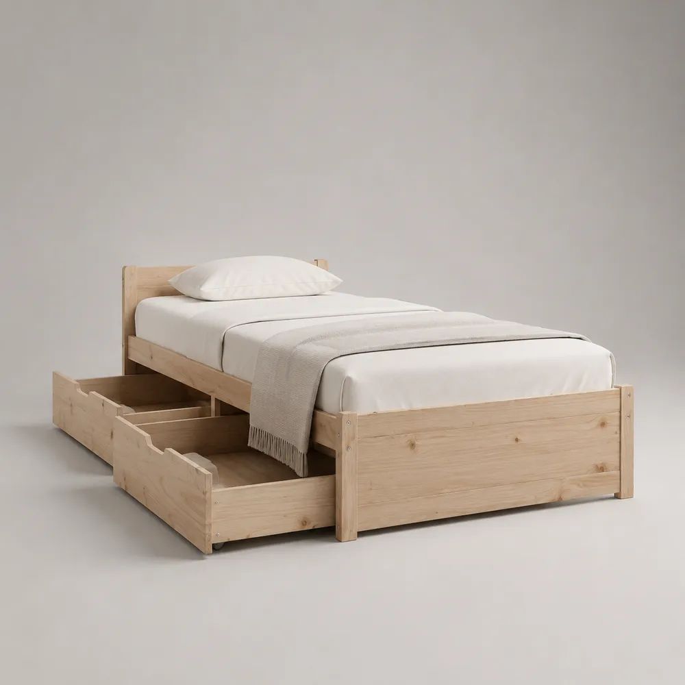 Lit simple en pin massif naturel avec sommier à lattes et 3 tiroirs, couchage 90 × 190 cm, dimensions 198 × 98 × 80 cm