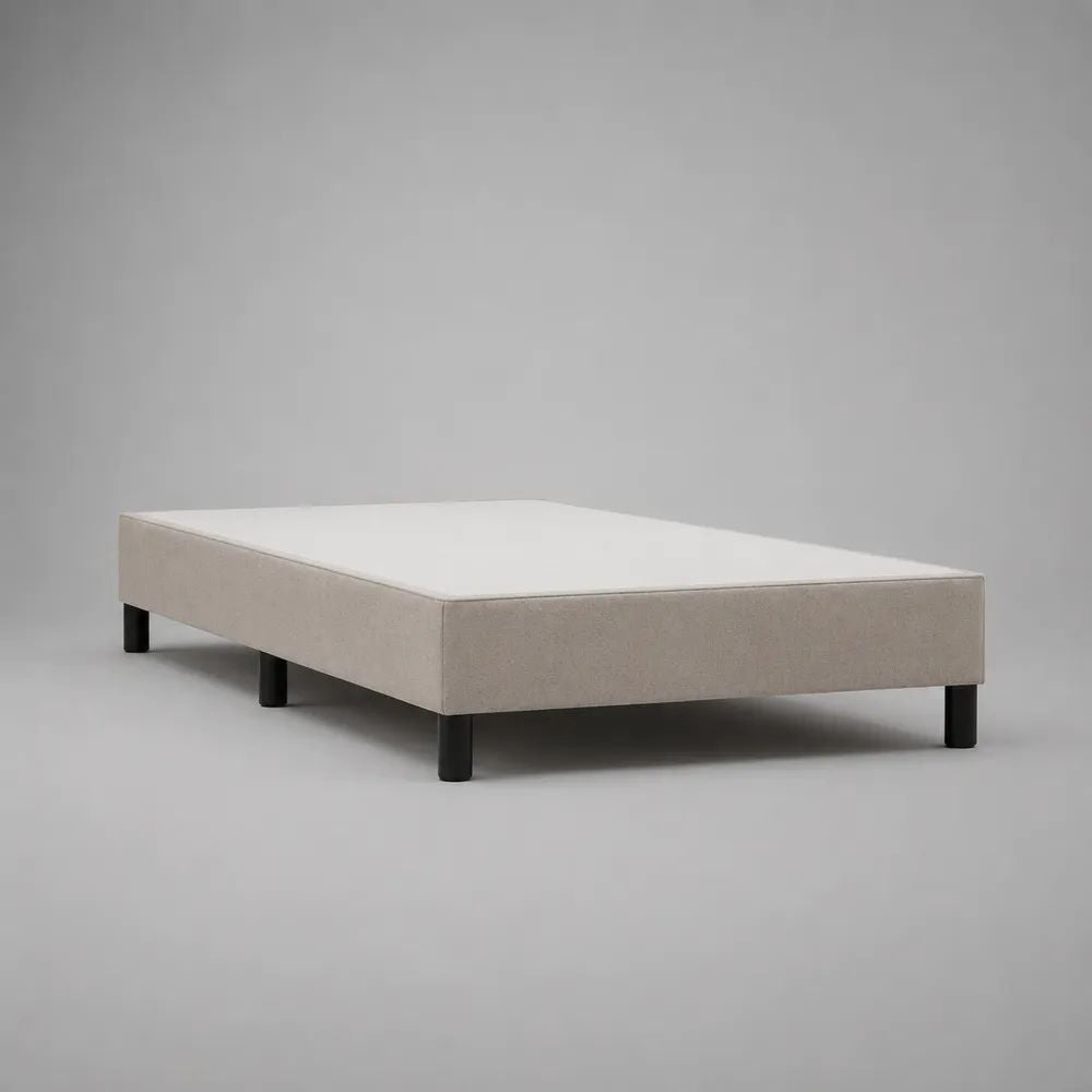 Sommier tapissier rectangulaire 2 places en tissu beige avec pieds noirs, 140 x 190 x 30 cm