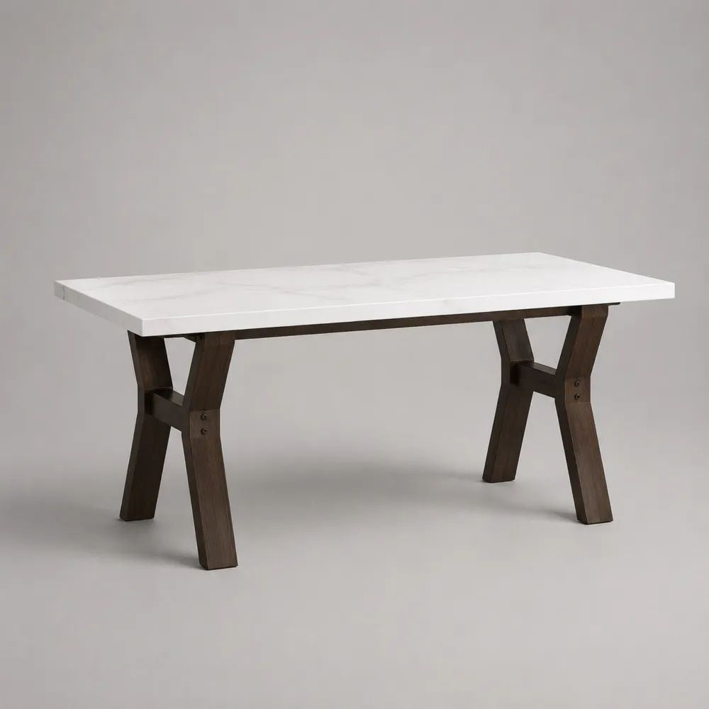 Table basse rectangulaire en MDF effet marbre blanc et bois massif brun foncé, 110 × 60 × 50 cm