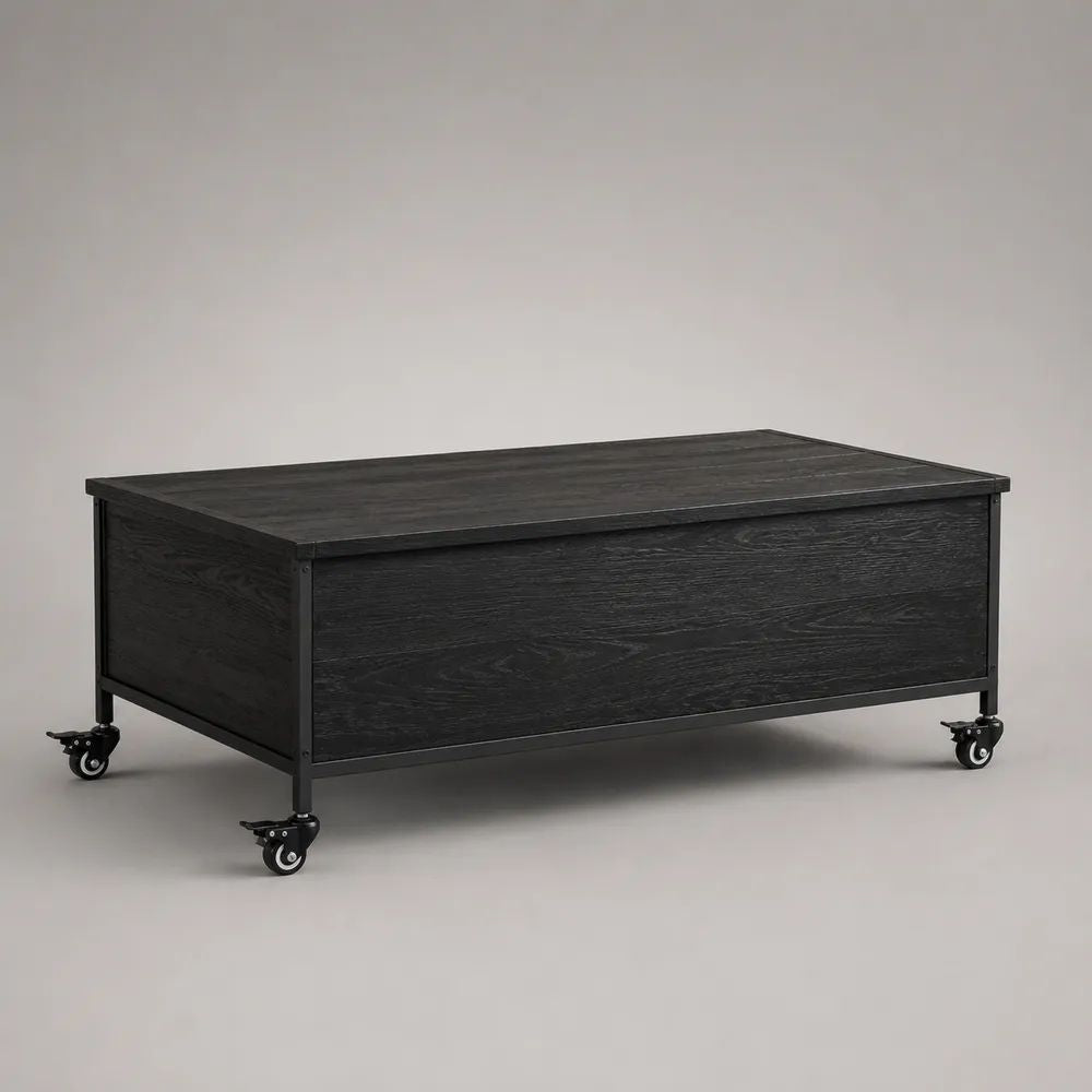 Table basse coffre de rangement mobile rectangulaire en MDF mélaminé et acier noir, 100 × 55 × 48 cm