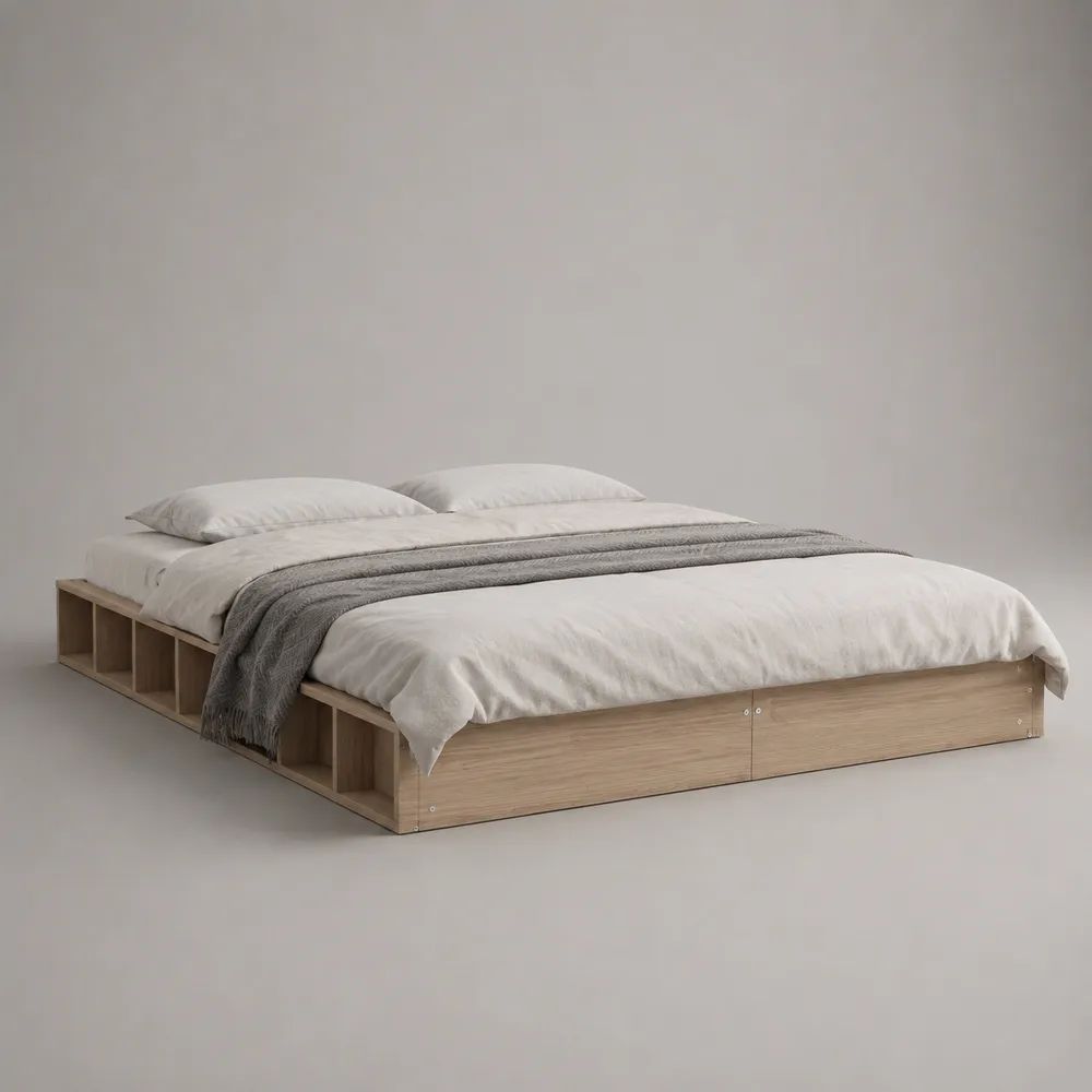Cadre de lit double avec rangements en panneaux de particules mélaminés, chêne clair, couchage 160 × 200 cm, dimensions 205 × 165 × 32 cm