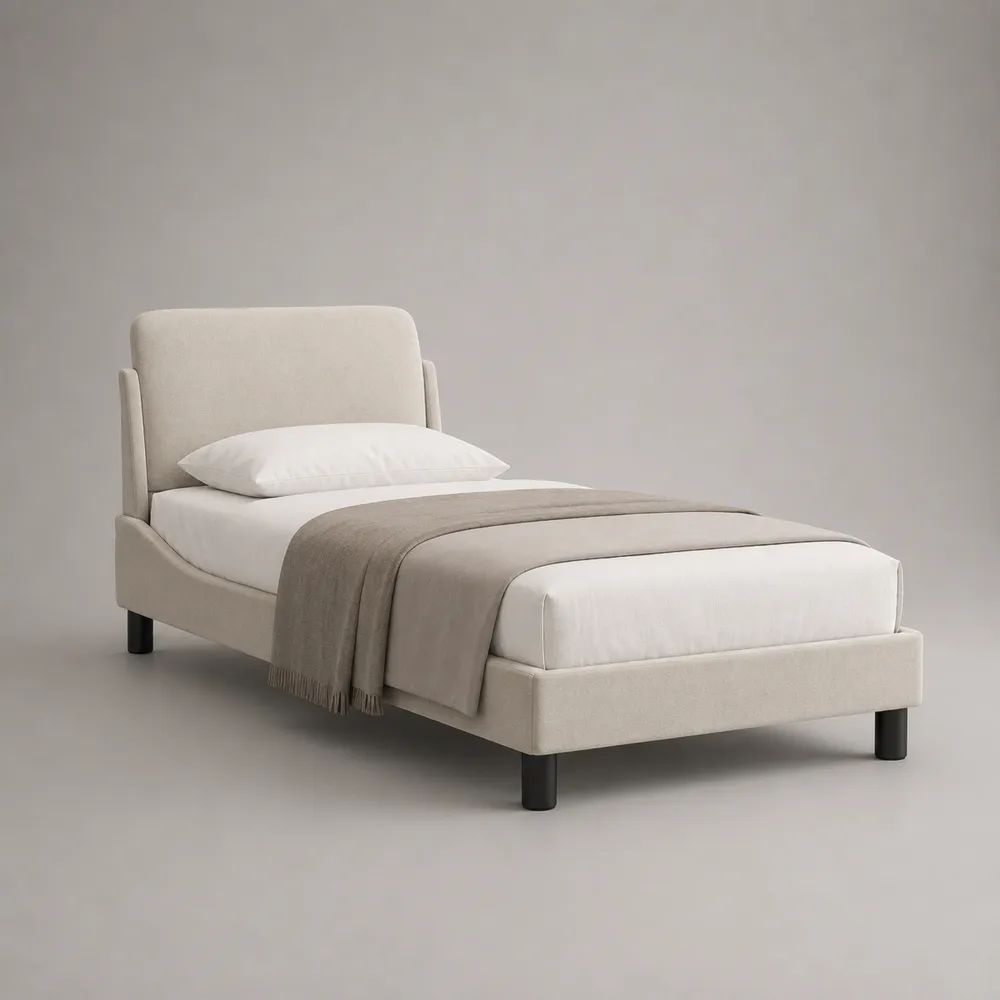 Lit simple rembourré beige et noir 90 x 190 cm en polyester et contreplaqué avec tête de lit