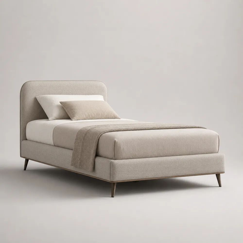Lit double rembourré 160 x 200 cm en polyester beige avec tête de lit, sommier à lattes et pieds en acier