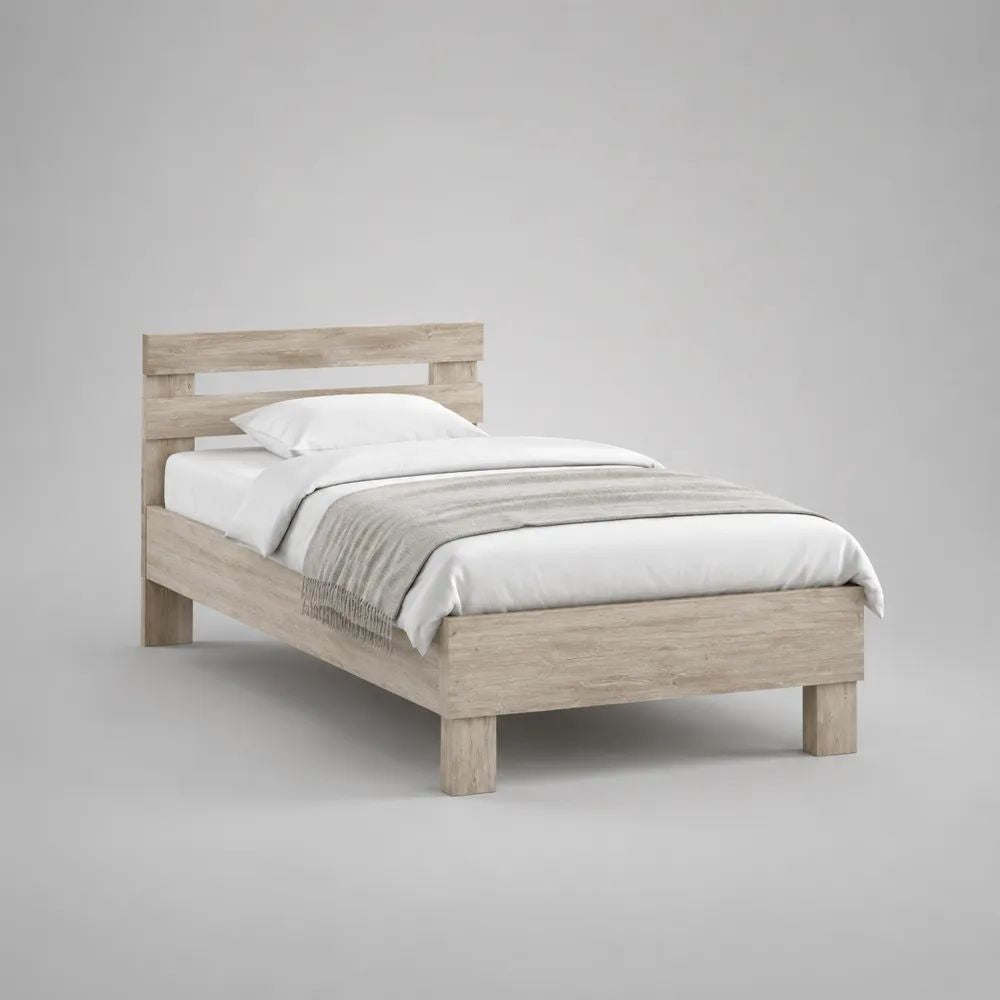 Lit simple 90 x 190 cm en panneaux de particules mélaminés décor chêne clair avec tête de lit et sommier à lattes