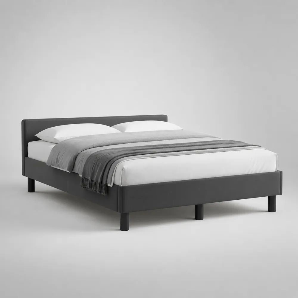 Lit double rembourré en polyester gris foncé avec tête de lit et sommier à lattes, couchage 160 × 200 cm