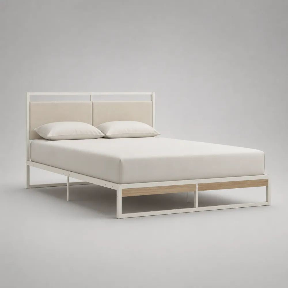 Lit double 160 × 200 cm en acier blanc cassé avec tête de lit en tissu beige et décor chêne clair, 166 × 207 × 100 cm