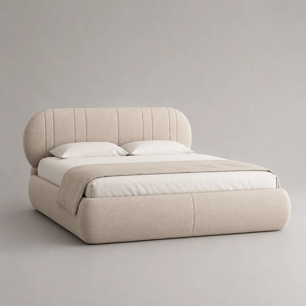Lit double rembourré 160 x 200 cm en tissu bouclette beige, dimensions 225 x 190 x 110 cm, forme arrondie