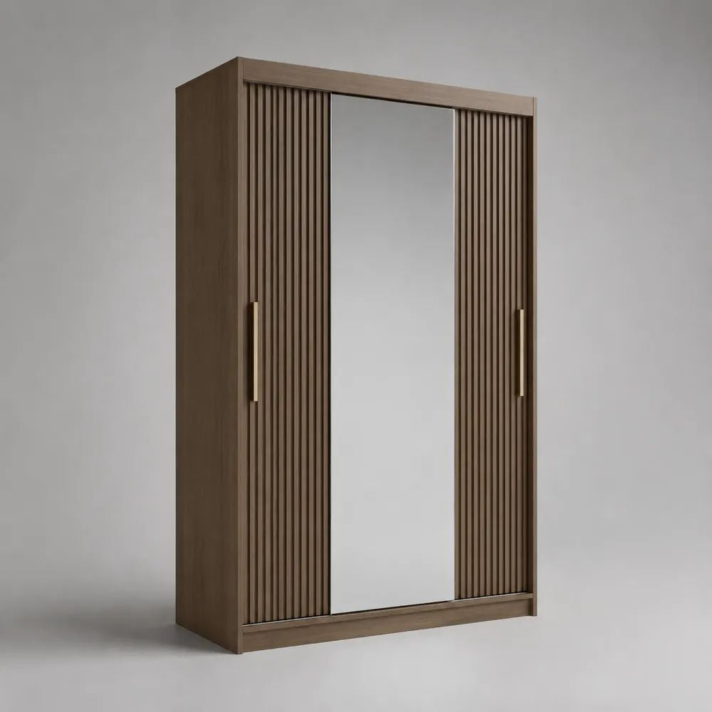 Armoire à 3 portes coulissantes avec miroir, panneaux MDF brun noyer, 120 × 55 × 200 cm