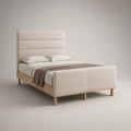 Lit double rembourré beige 140 × 190 cm en polyester et pin massif, dimensions 205 × 151 × 120 cm, avec sommier à lattes