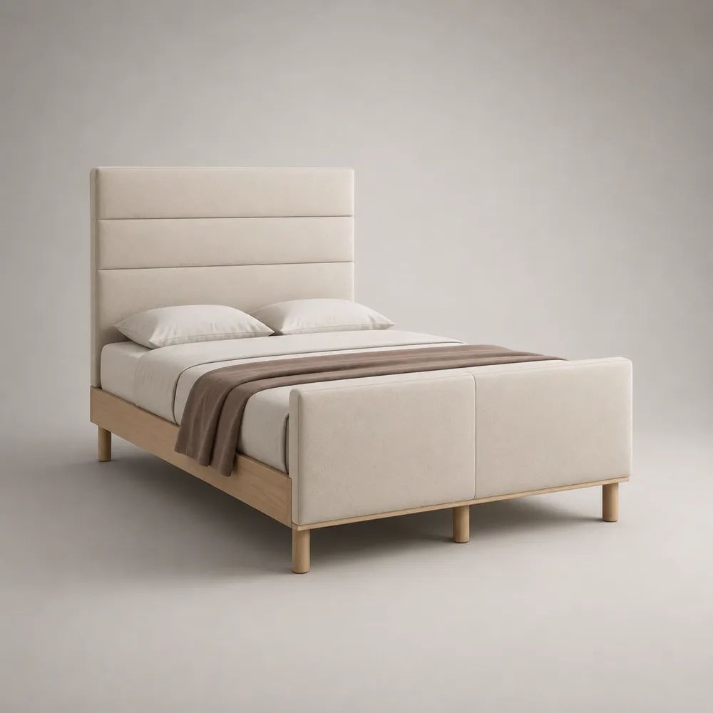 Lit double rembourré beige 140 × 190 cm en polyester et pin massif, dimensions 205 × 151 × 120 cm, avec sommier à lattes