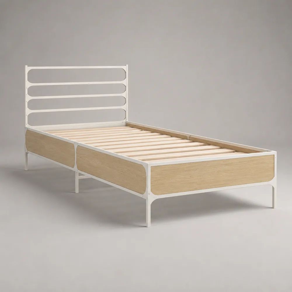 Cadre de lit simple 90 x 190 cm en acier blanc et MDF plaqué chêne clair avec sommier à lattes