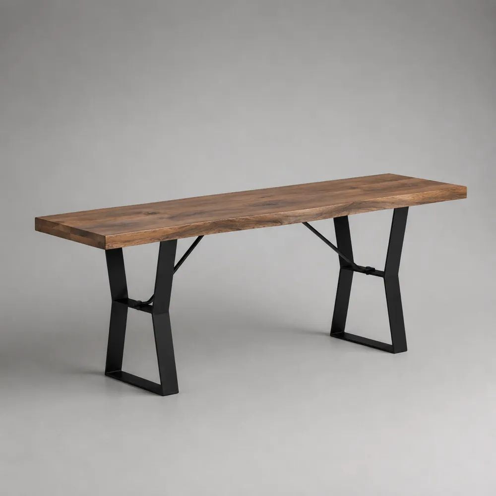 Banc rectangulaire en bois massif et métal, marron naturel et noir, 160 × 40 × 45 cm