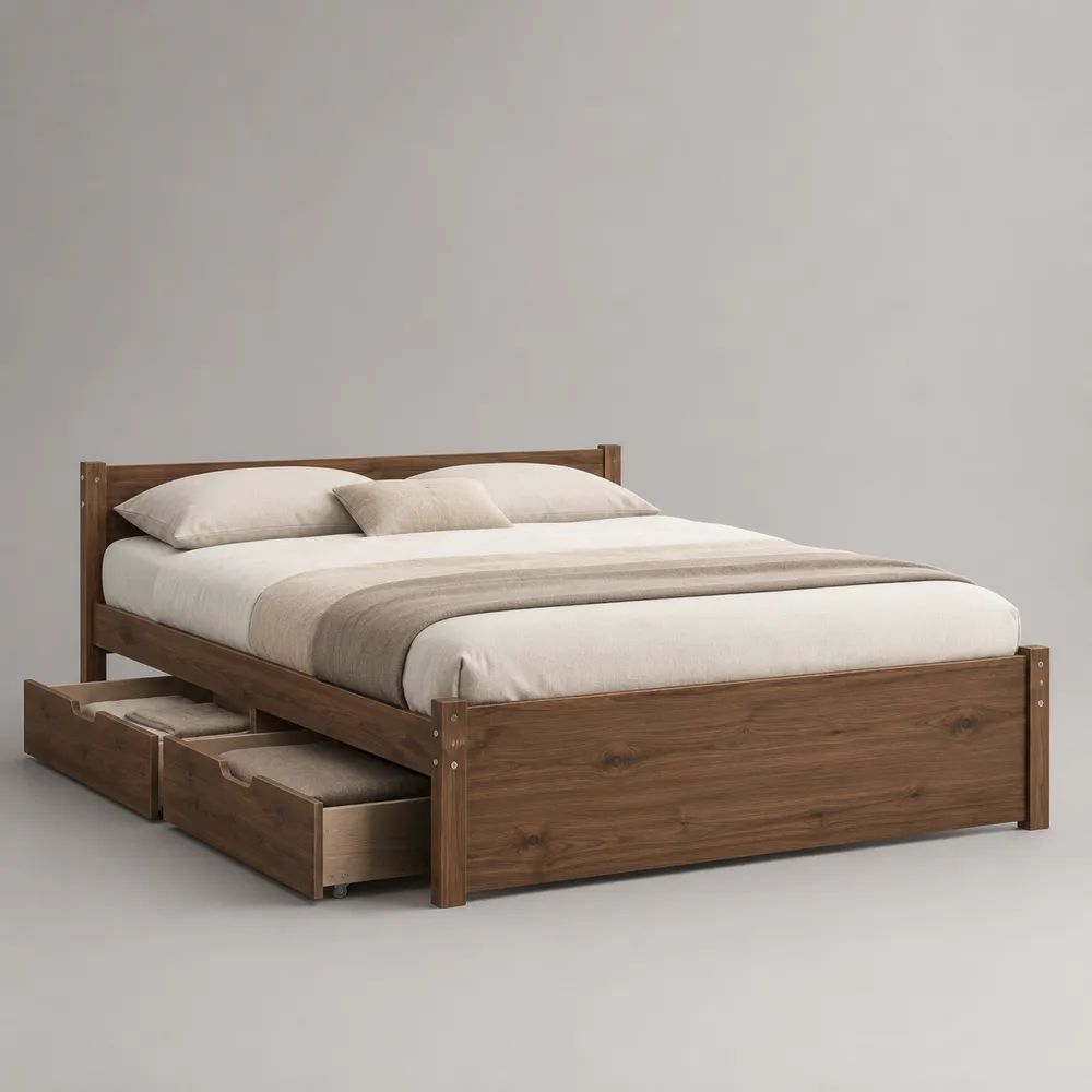 Lit double en pin massif brun noyer avec 2 tiroirs, couchage 160 x 200 cm, dimensions 169 x 209 x 101 cm