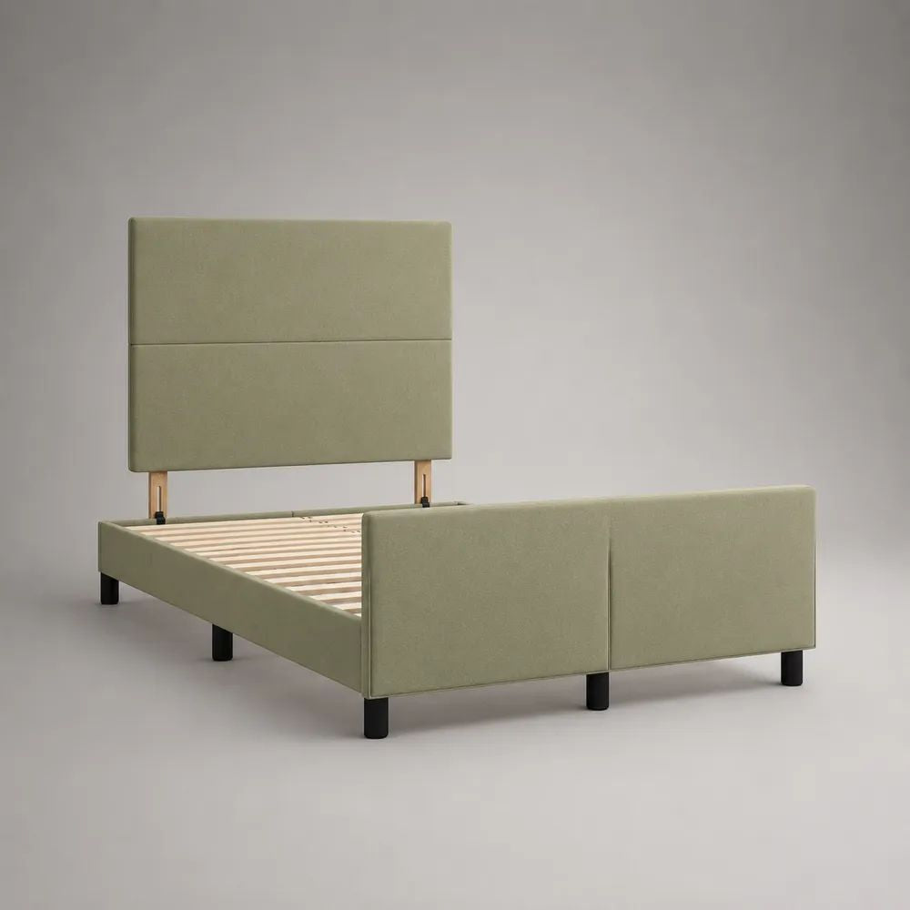 Lit simple rembourré en tissu vert sauge avec sommier à lattes, couchage 90 x 190 cm, dimensions 202 x 99 x 120 cm