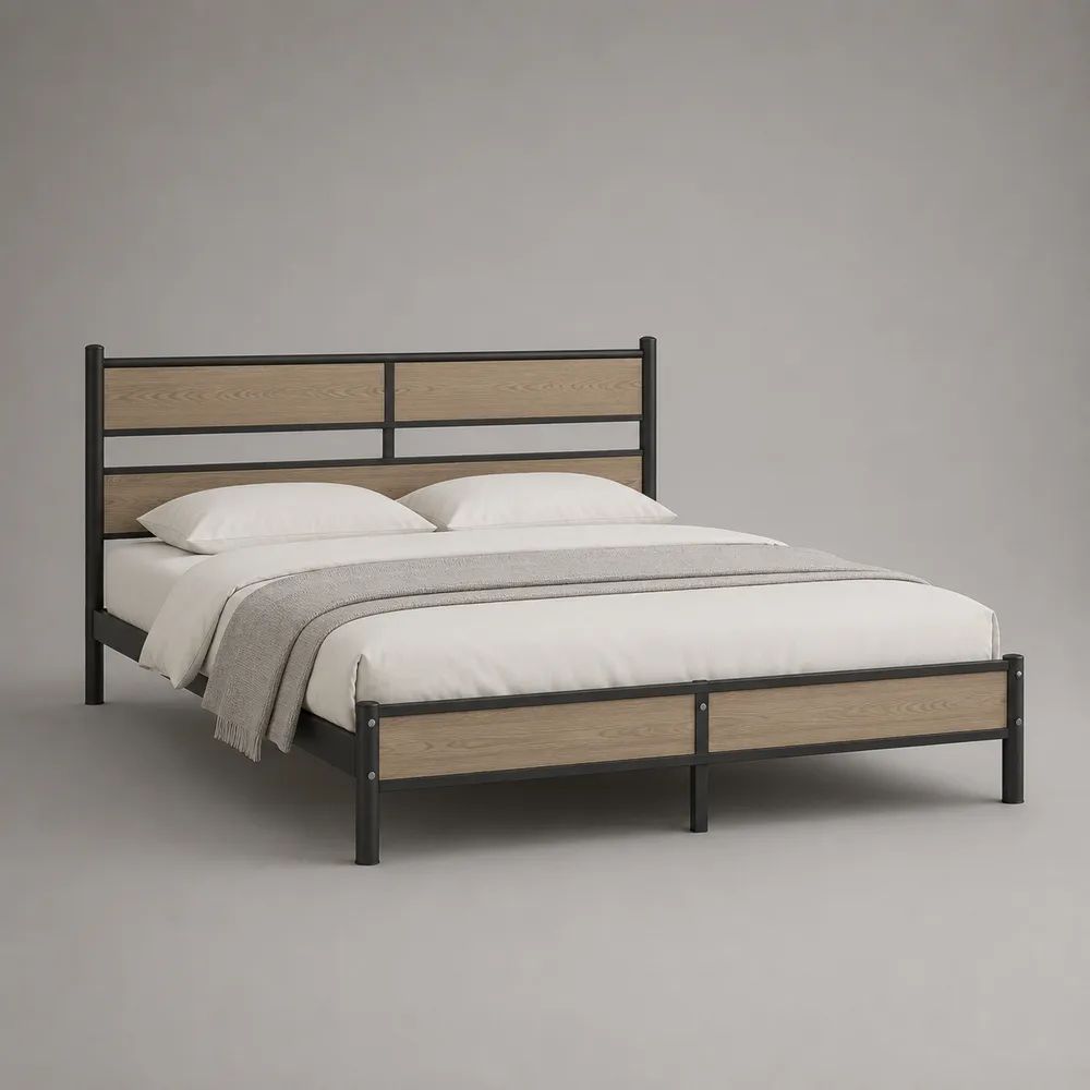 Lit double 160 × 200 cm en acier et panneaux MDF, noir et chêne clair, 208 × 166 × 110 cm