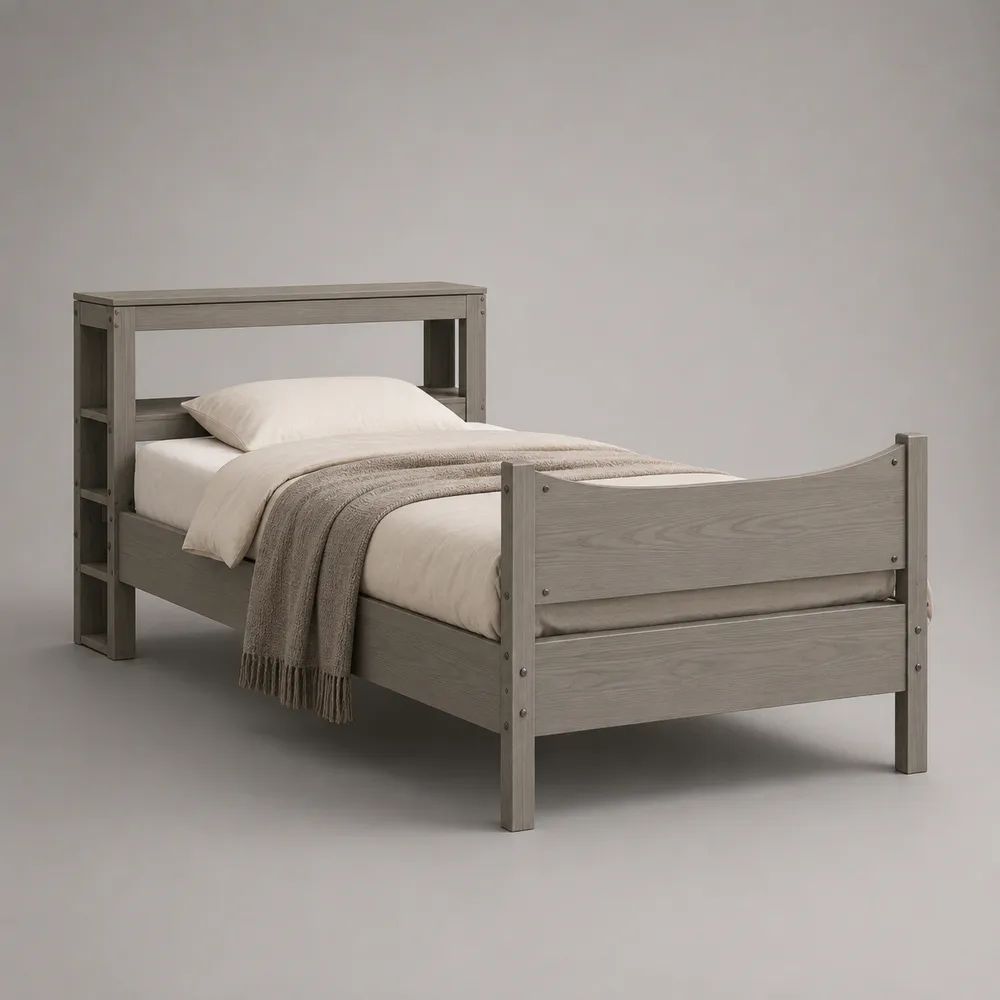 Lit simple 90 x 190 cm en bois gris taupe avec sommier à lattes et tête de lit étagère, 205 x 102 x 105 cm
