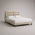 Lit double rembourré 160 × 200 cm en polyester beige et métal noir avec tête de lit capitonnée