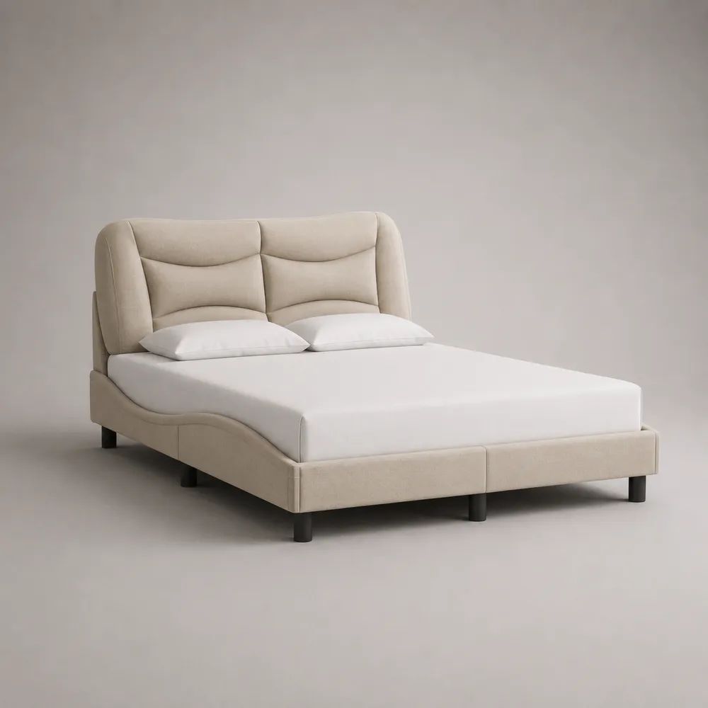 Lit double rembourré 160 × 200 cm en polyester beige et métal noir avec tête de lit capitonnée