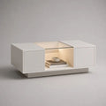 Table basse rectangulaire en MDF laqué blanc et verre trempé avec rangements et éclairage LED, 120 × 60 × 45 cm