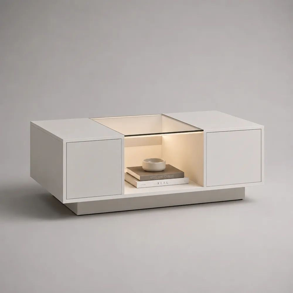 Table basse rectangulaire en MDF laqué blanc et verre trempé avec rangements et éclairage LED, 120 × 60 × 45 cm