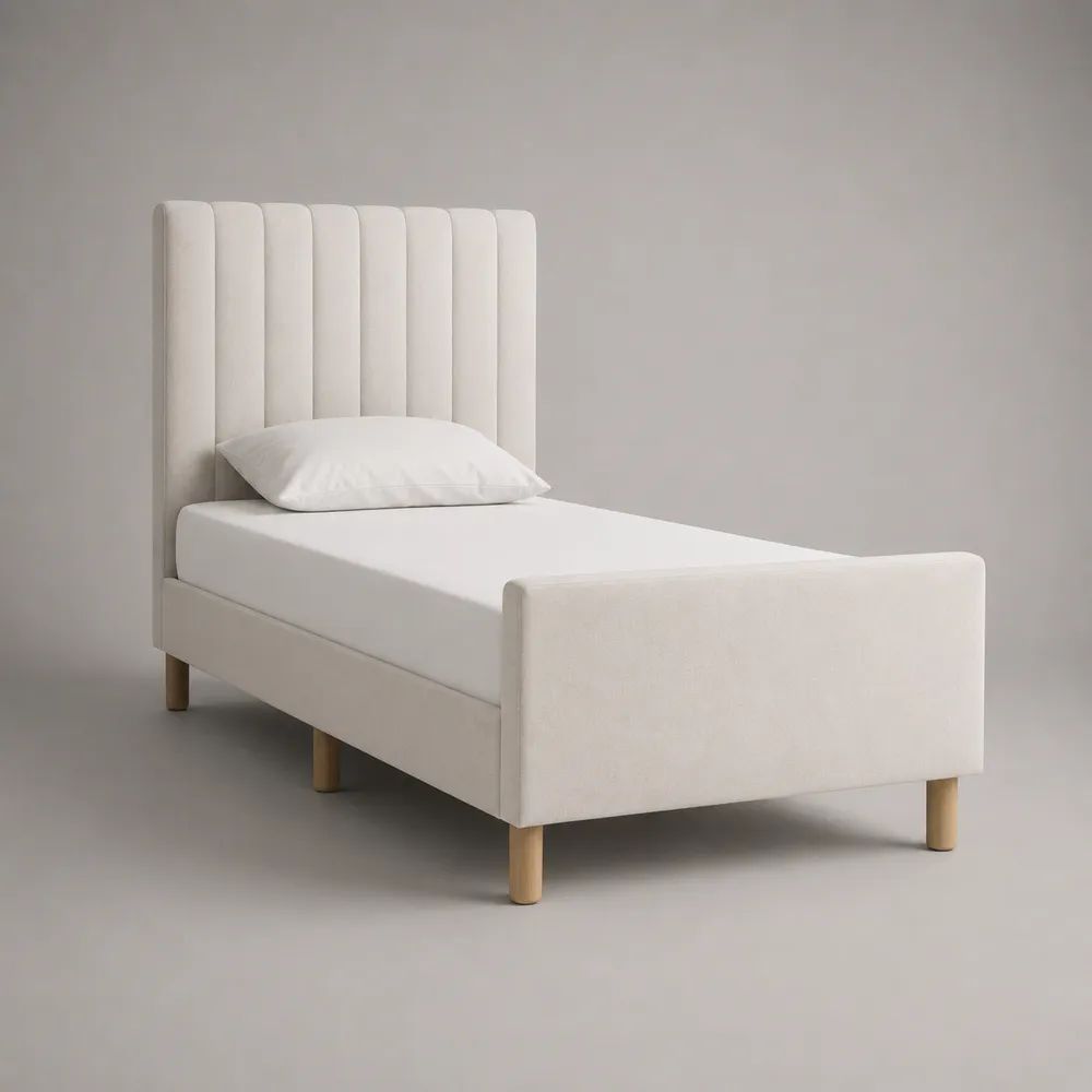 Lit simple rembourré en tissu écru 90 x 190 cm avec tête de lit à canaux, pied de lit et sommier à lattes