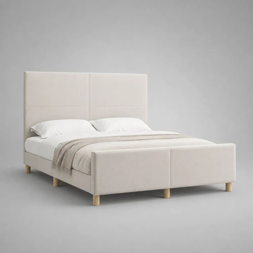 Lit double rembourré en polyester crème avec tête et pied de lit, couchage 160 × 200 cm, dimensions 216 × 171 × 120 cm