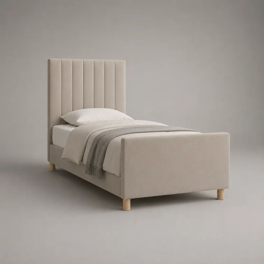 Lit simple rembourré beige 90 × 190 cm, cadre 101 × 203 cm avec tête de lit à panneaux verticaux
