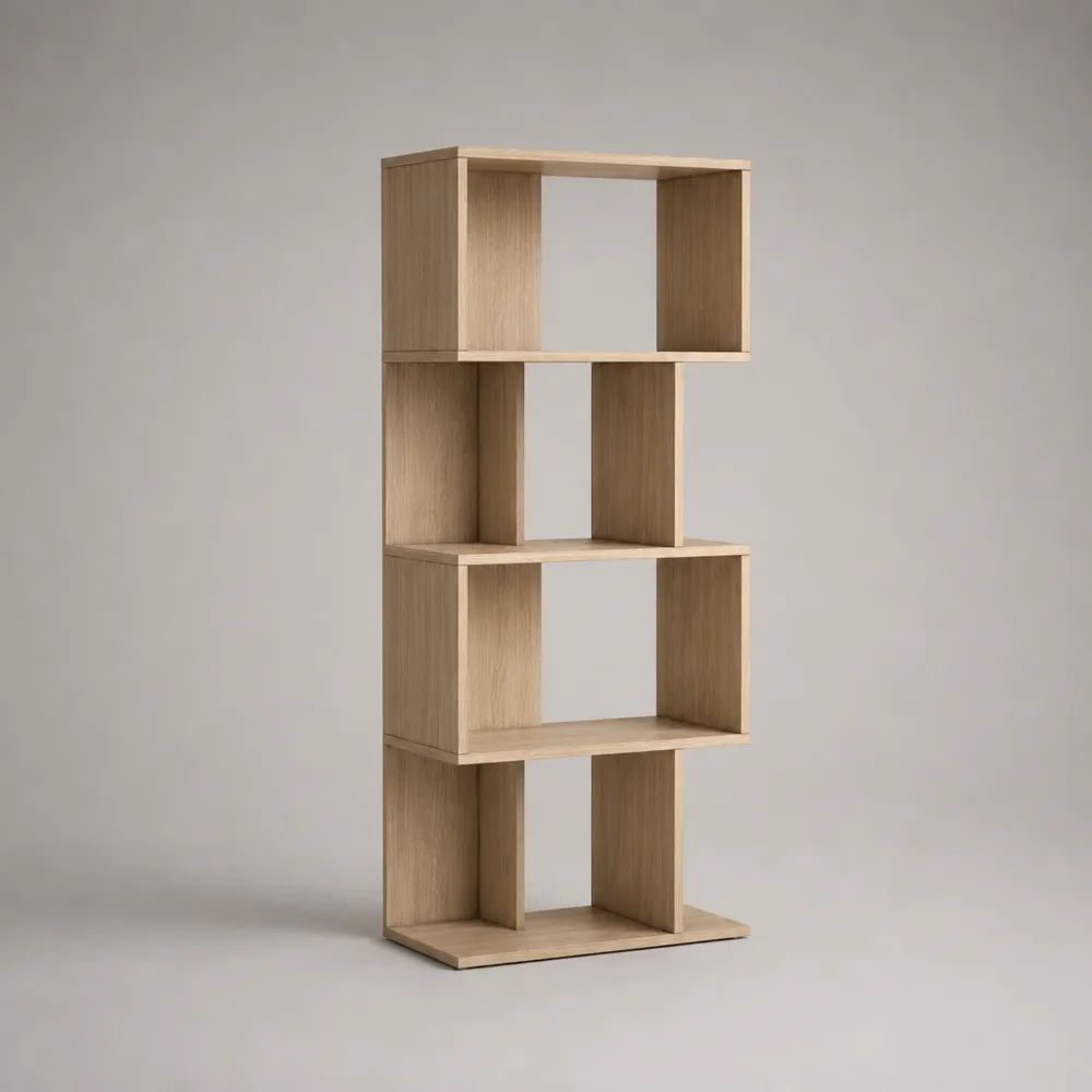 Bibliothèque étagère géométrique sur pied à 6 niches en panneaux de particules mélaminés, chêne clair, 60 × 24 × 160 cm